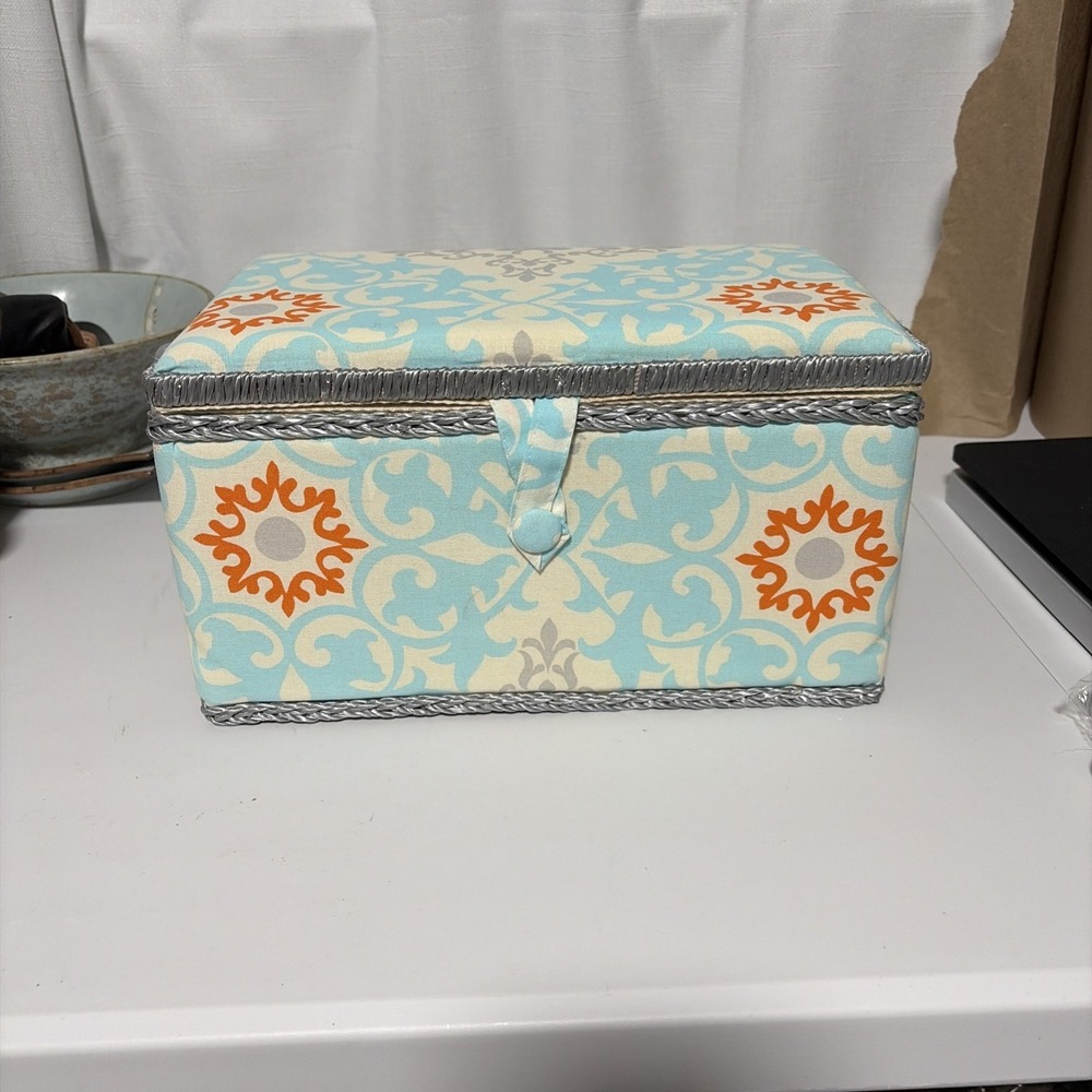 Unbranded Fabric Covered Sewing Box Blue Orange Damask Organizer with Tray